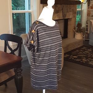 Retrology Blue Striped with Buttons on Sleeves Top